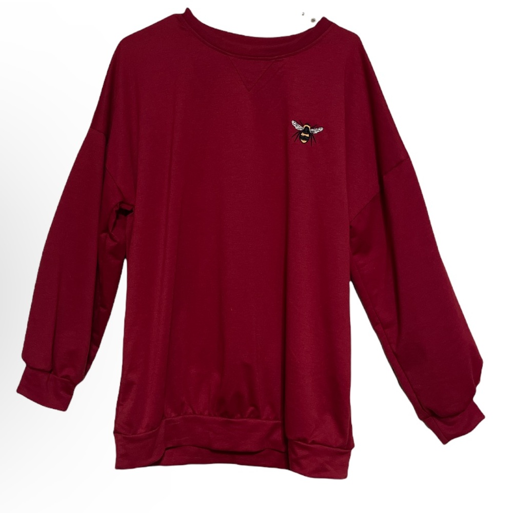 Red sweatshirt with bee embroidery